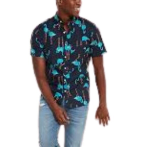 Old Navy Men's Blue Flamingos Built-In Flex Printed Everyday Shirt Top XL - Picture 2 of 10